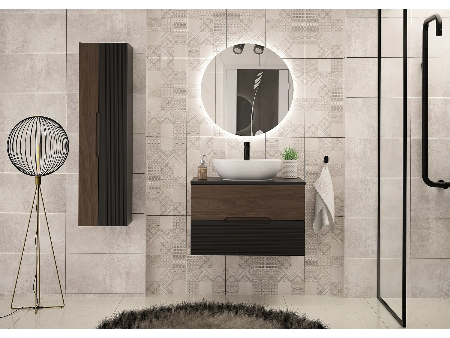 Armario de baño para lavabo 80 cm Negro mate / Nogal Avella