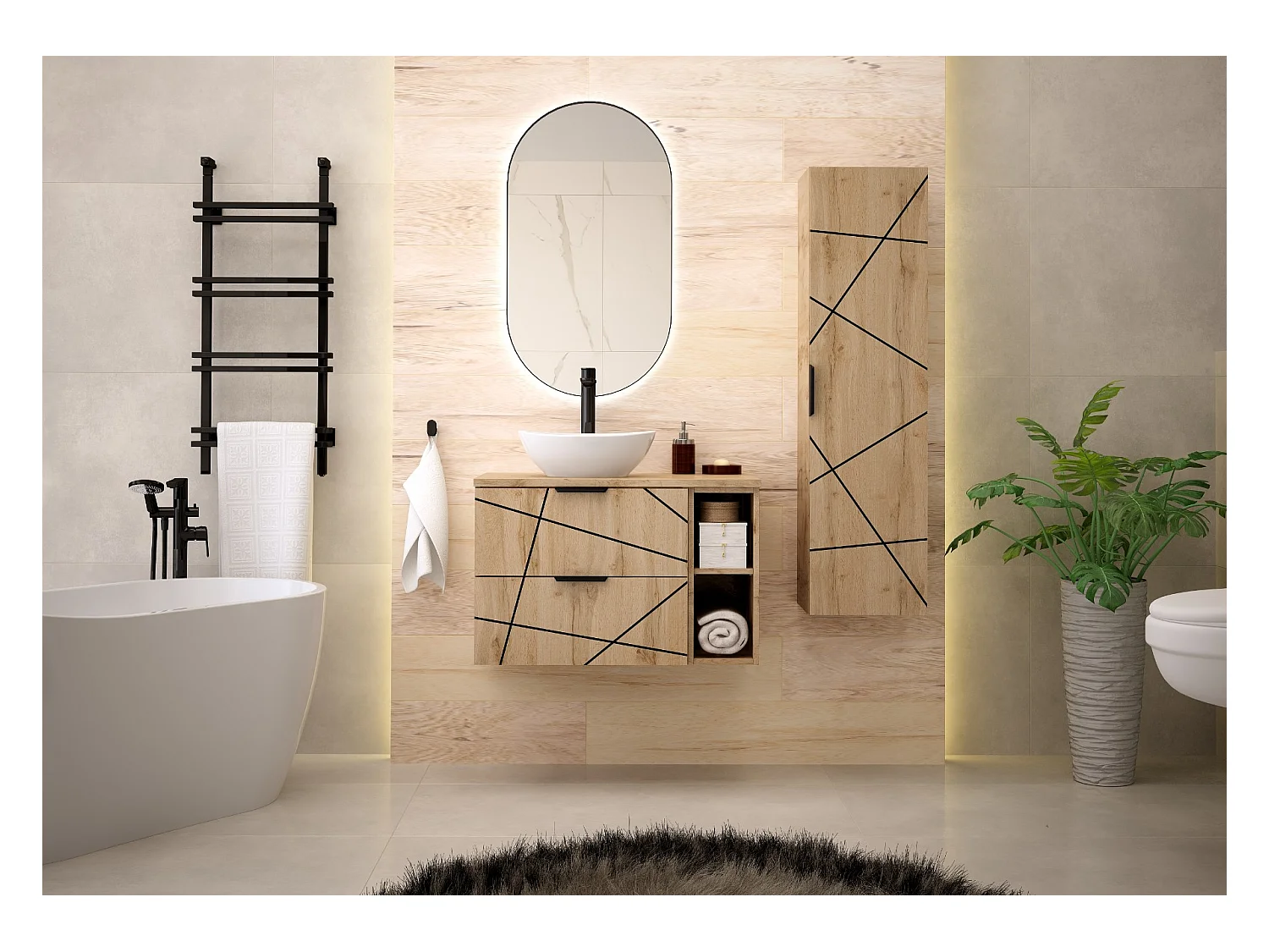 Ensemble de salle de bain 80 cm Armoire avec plateau Étagère Chêne Wotan Wood