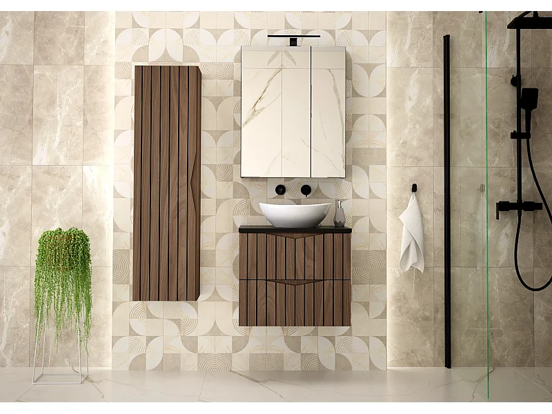 Ensemble de salle de bain 60 cm Armoire avec plateau Façades rainurées Chêne Noyer Stella
