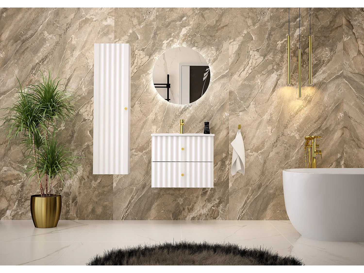 Witte badkamer kast voor wastafel 60 cm Geribbelde fronten Aqua