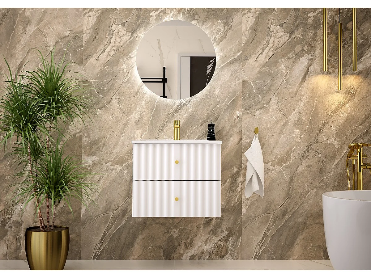 Witte badkamer kast voor wastafel 60 cm Geribbelde fronten Aqua