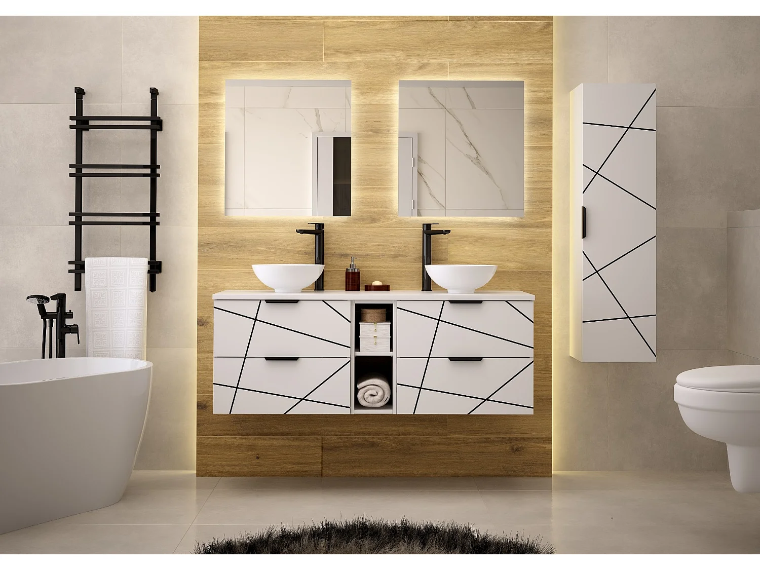 Badezimmer-Set 140 cm Schrank mit Arbeitsplatte und Regal Weiß Matt Wood