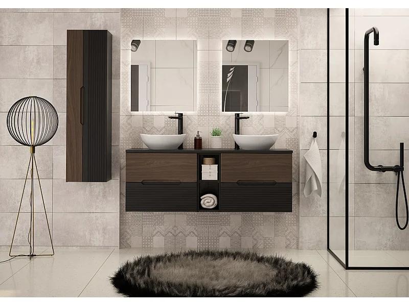 Badezimmer-Set 140 cm Schrank mit Arbeitsplatte und Regal Schwarz Matt / Nussbaum Avella