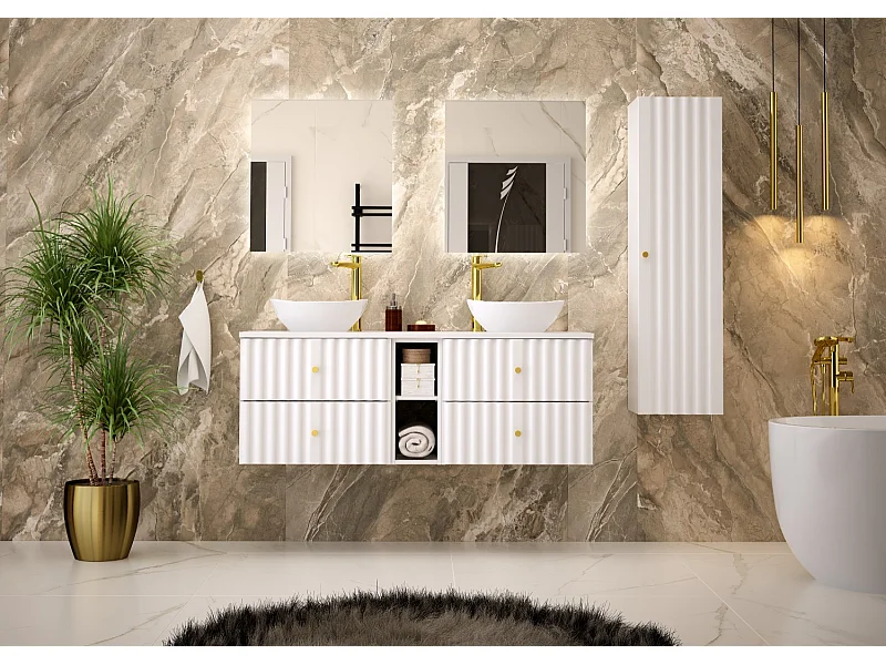 Ensemble de salle de bain blanc 140 cm Armoire avec plateau et étagère Façades rainurées Aqua
