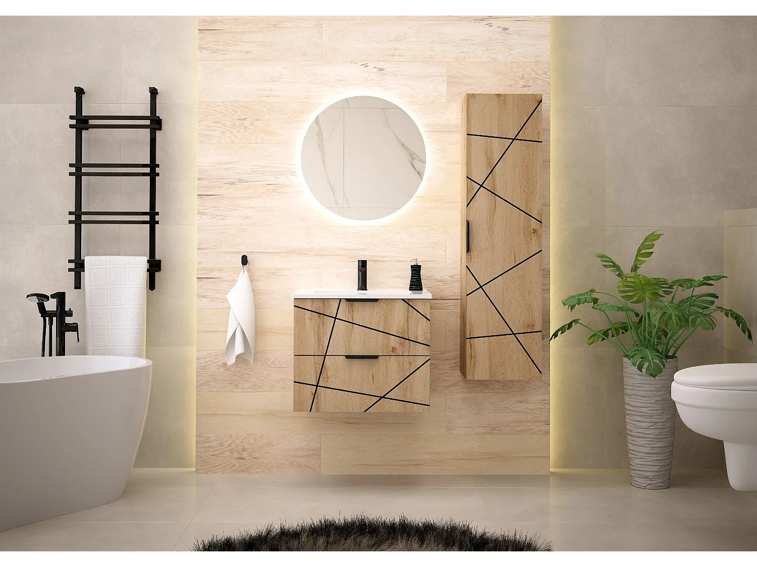 Badezimmerschrank unter Waschbecken 60 cm 2 Schubladen Eiche Wotan Wood