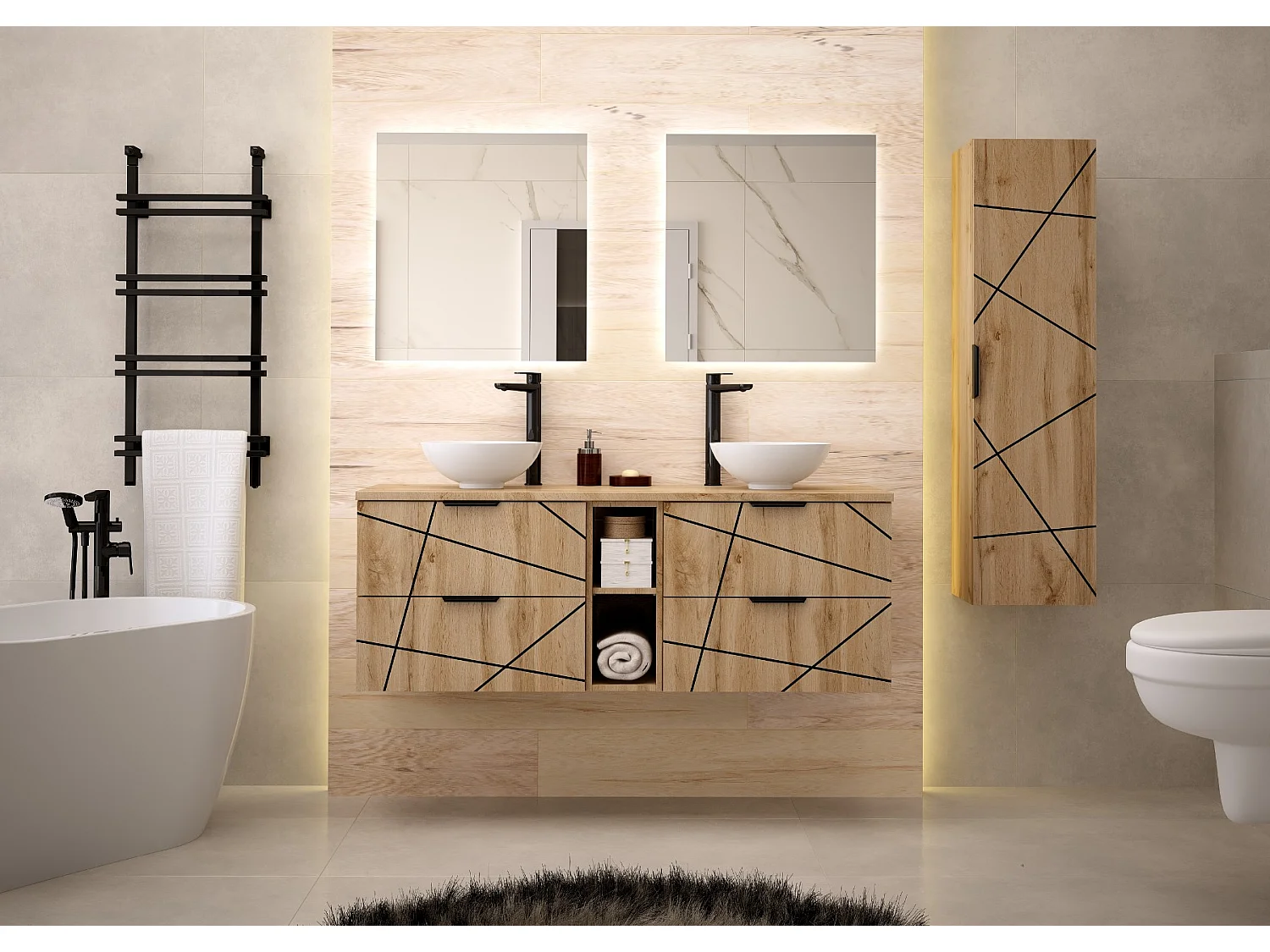 Ensemble de salle de bain 140 cm Armoire avec plateau Étagère Chêne Wotan Wood