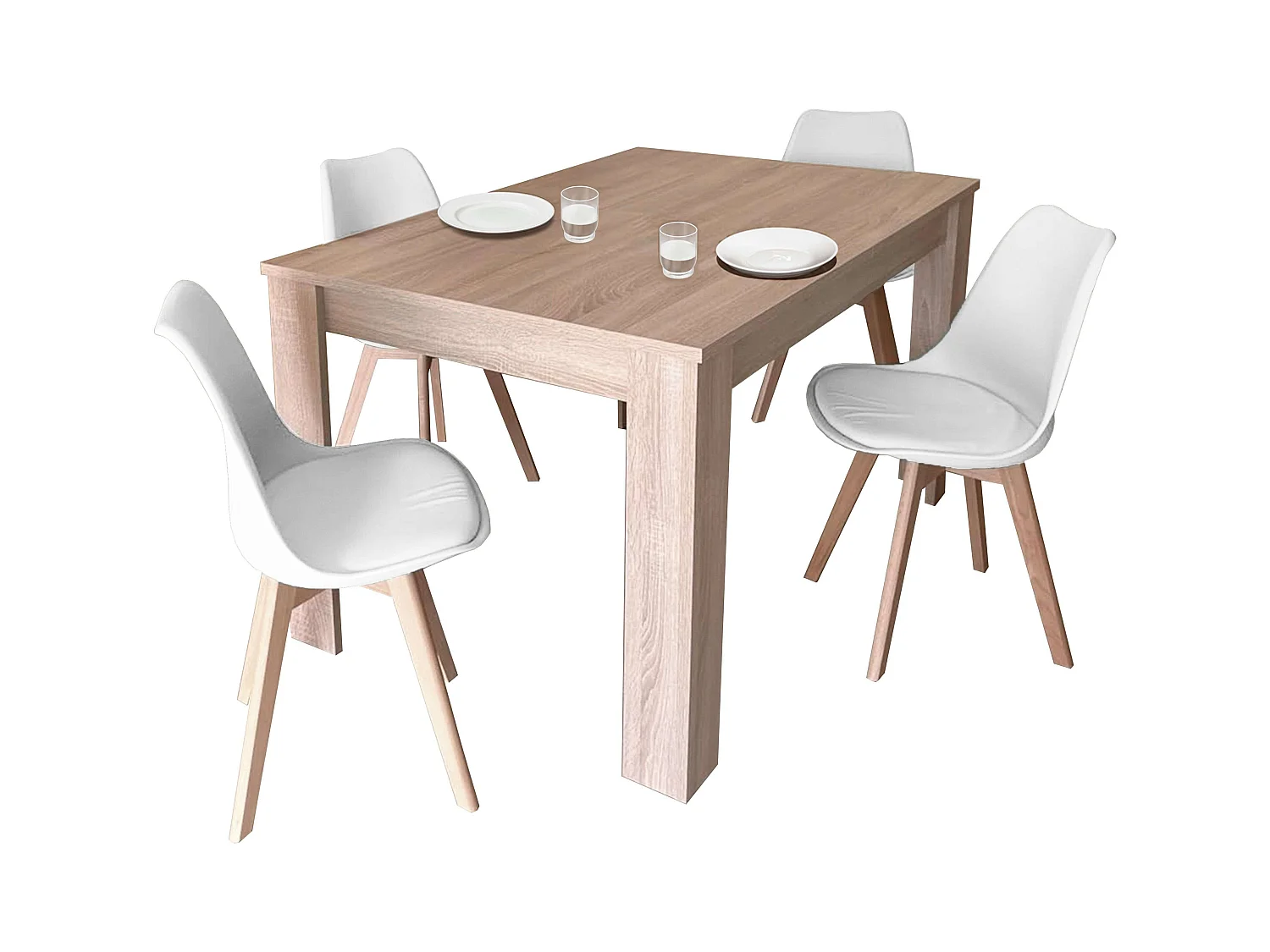 Pack comedor mesa extensible 140-190 cm roble + 4 sillas blancas roble