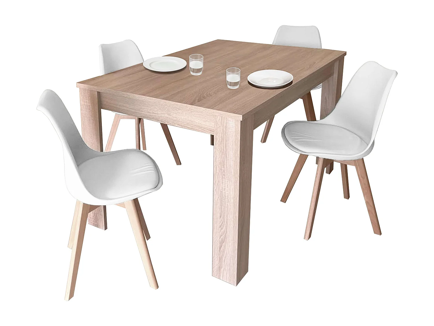 Pack comedor mesa extensible 140-190 cm roble + 4 sillas blancas roble
