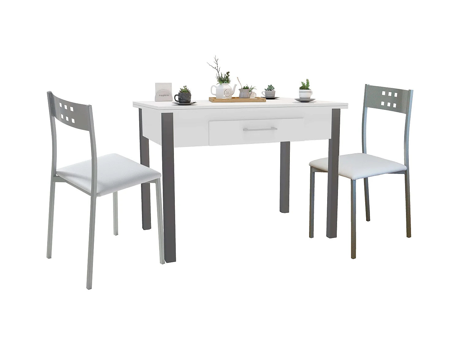 Conjunto cocina mesa extensible 110-140 cm blanco/gris con 2 sillas Costa
