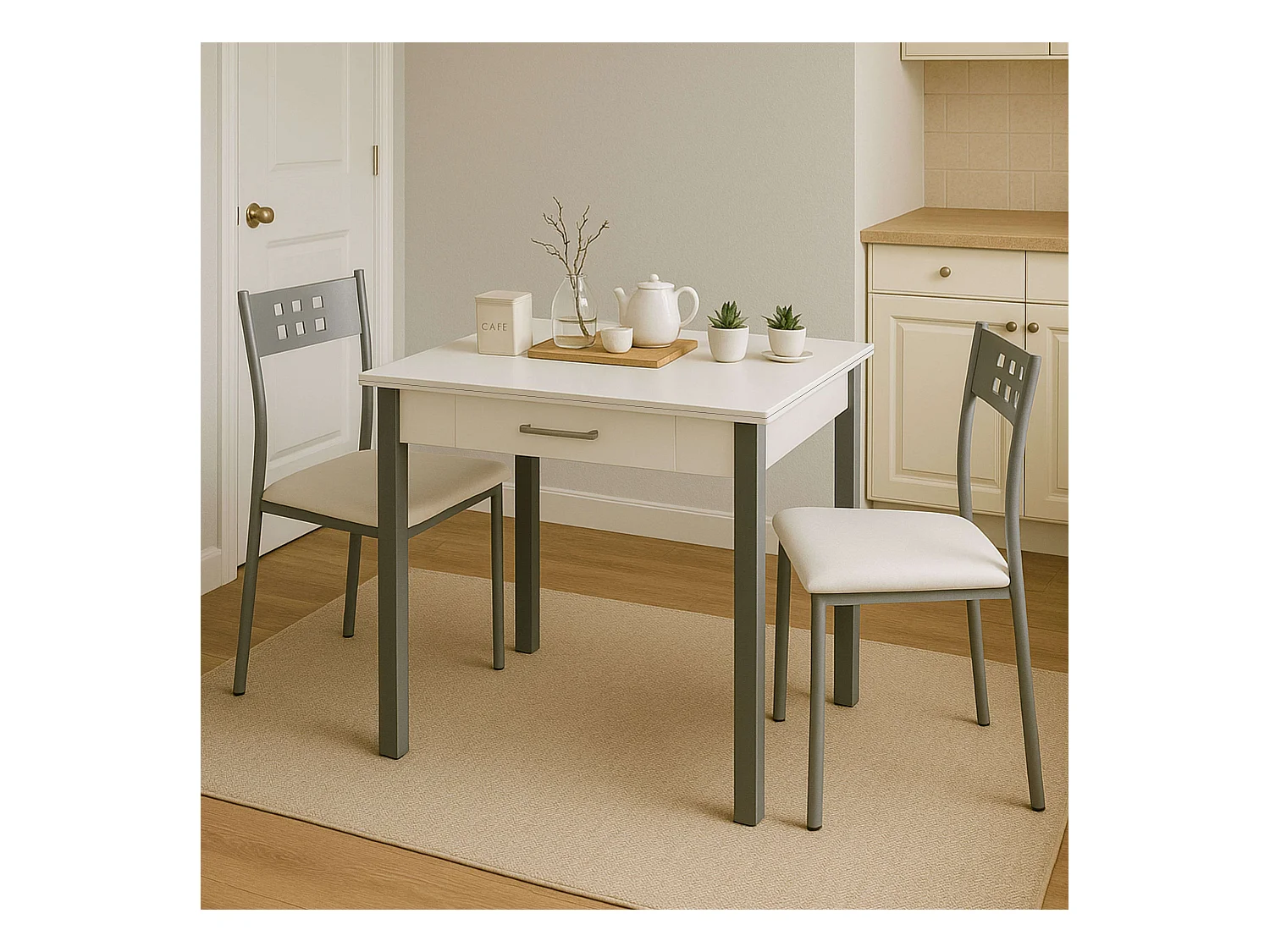 Conjunto cocina mesa extensible 110-140 cm blanco/gris con 2 sillas Costa