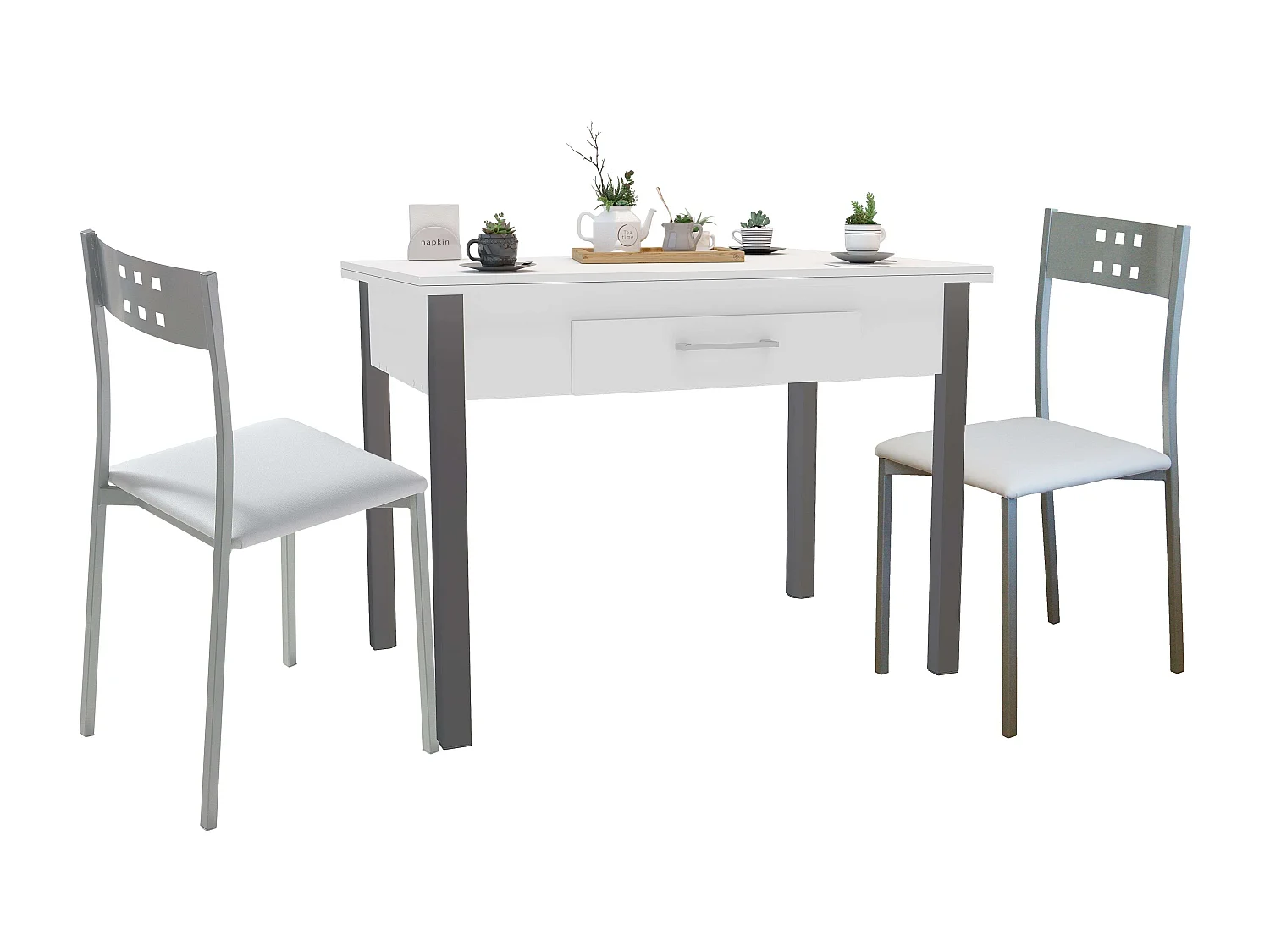 Conjunto cocina mesa extensible 110-140 cm blanco/gris con 2 sillas Costa