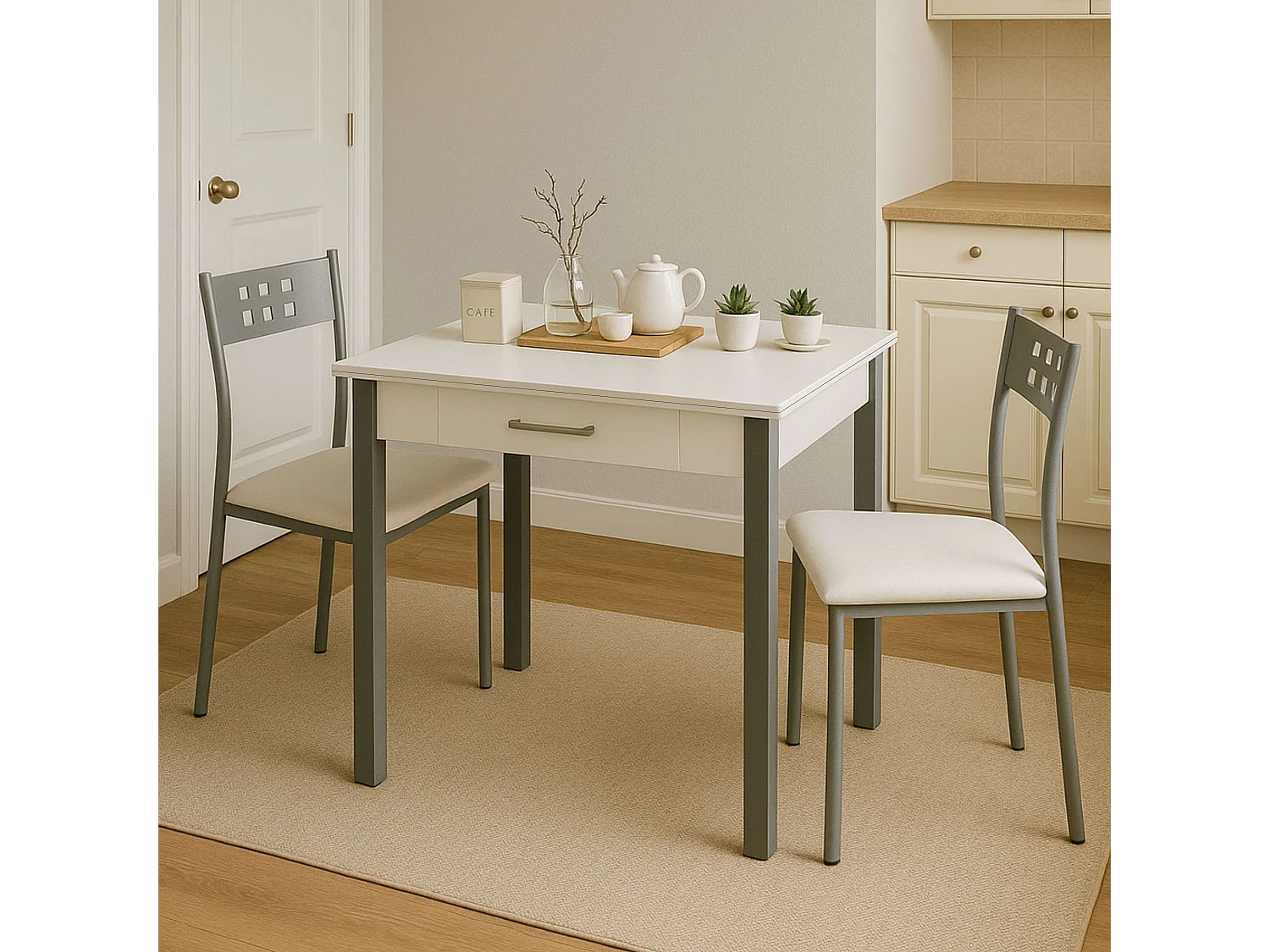 Conjunto cocina mesa extensible 110-140 cm blanco/gris con 2 sillas Costa