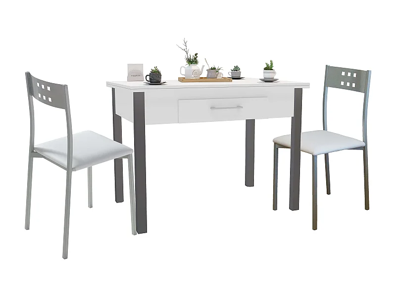 Conjunto cocina mesa extensible 110-140 cm blanco/gris con 2 sillas Costa