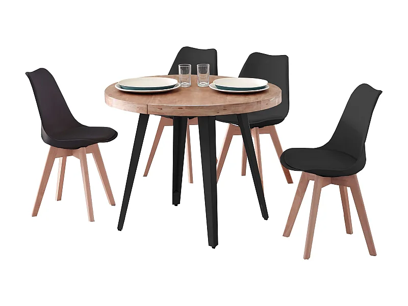 Pack comedor Berg roble nordish/negro: mesa redonda extens. 100-180 cm + 4 sillas Bistro