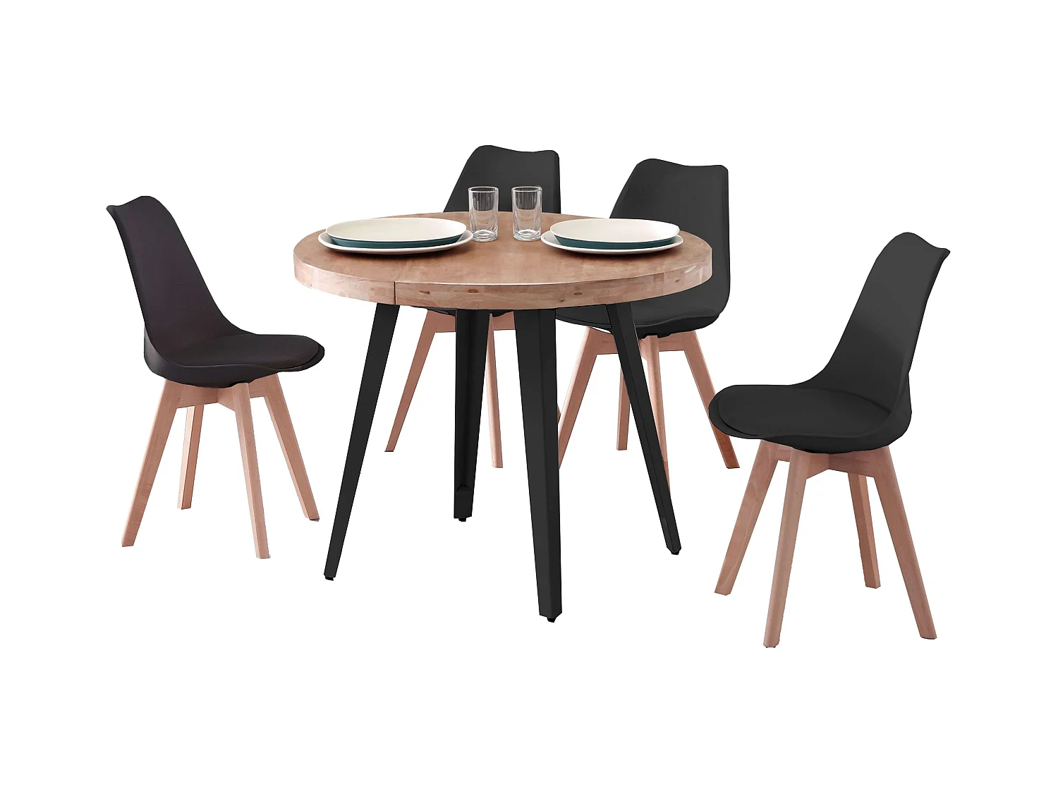 Pack comedor Berg roble nordish/negro: mesa redonda extens. 100-180 cm + 4 sillas Bistro