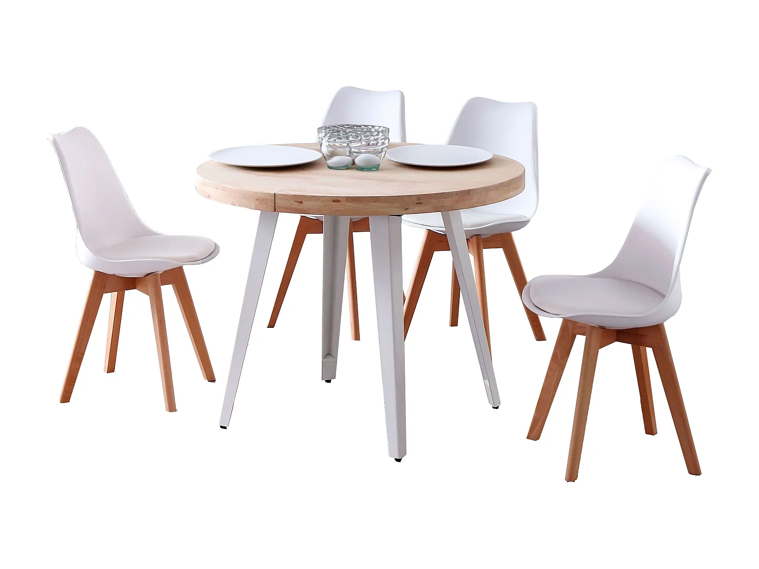 Pack comedor Berg: mesa redonda extensible 100-180 cm + 4 sillas Bistro
