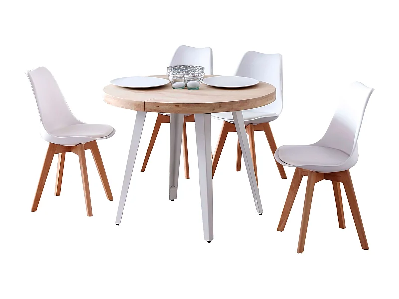 Pack comedor Berg: mesa redonda extensible 100-180 cm + 4 sillas Bistro
