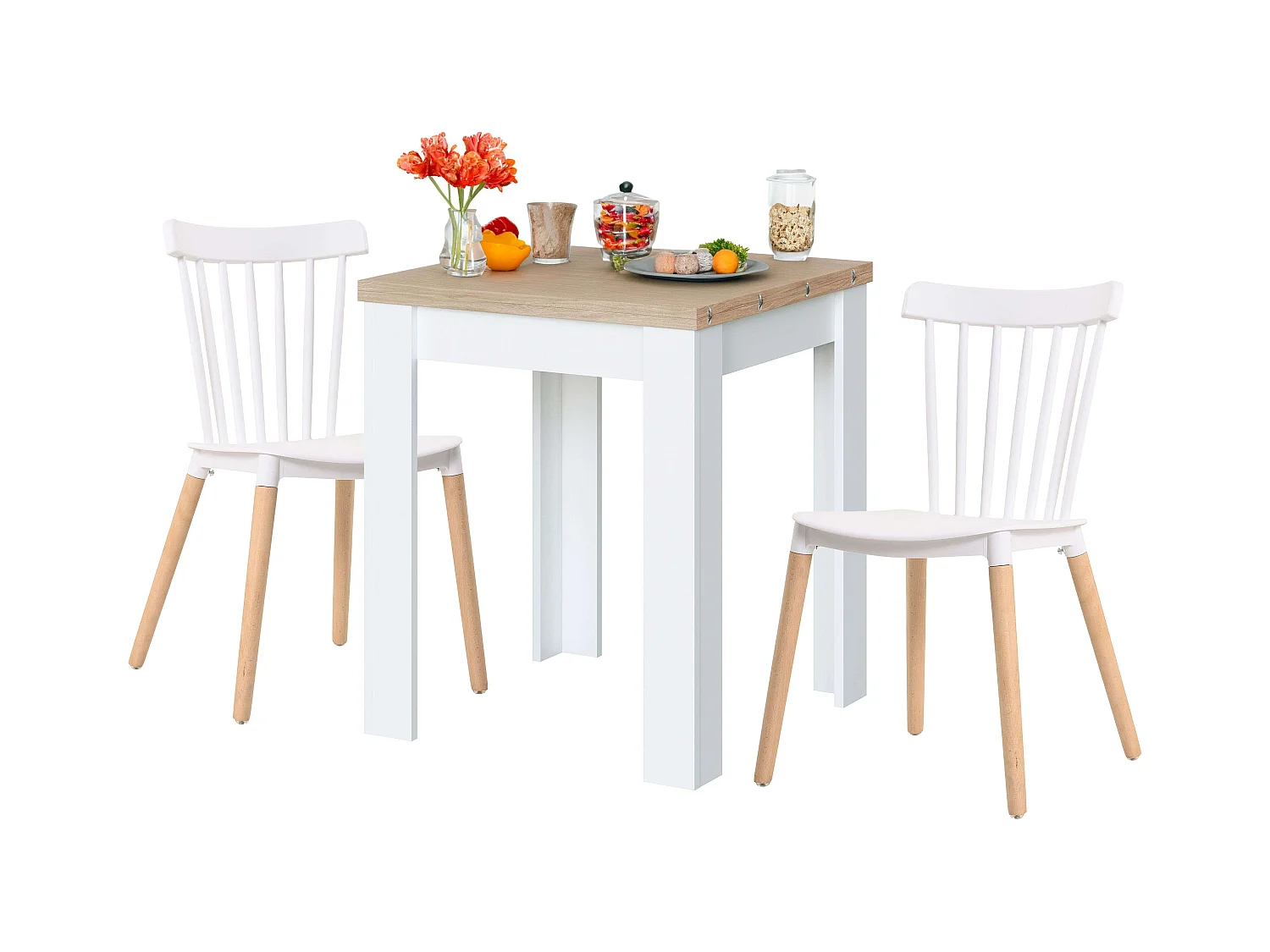 Pack mesa comedor extensible Livre blanco artik y roble + 2 sillas Alna