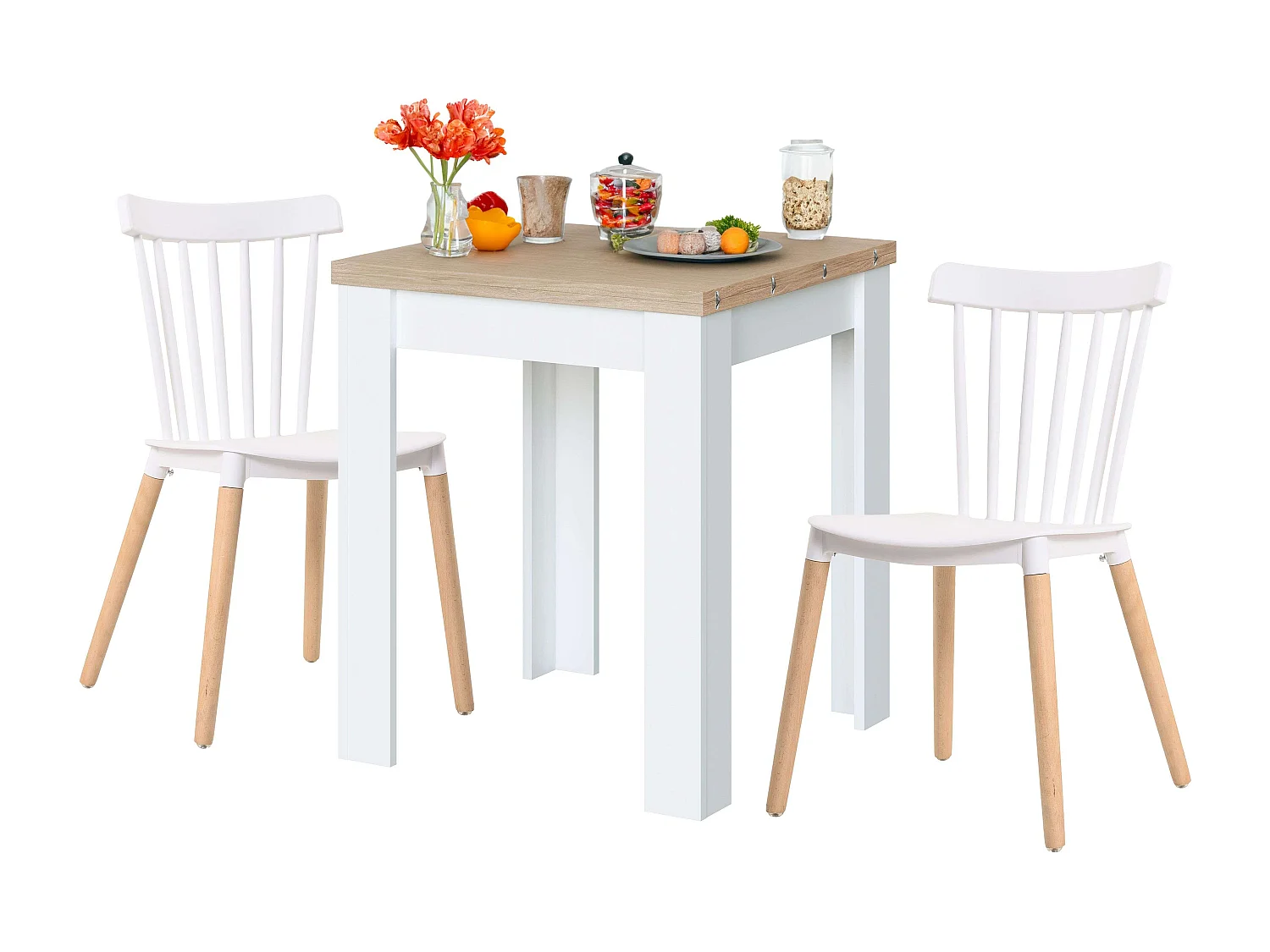 Pack mesa comedor extensible Livre blanco artik y roble + 2 sillas Alna
