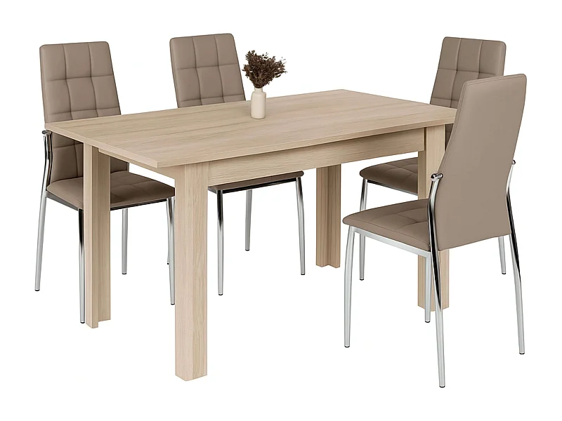 Conjunto mesa extensible 140-190 cm roble canadian + 4 sillas capuccino