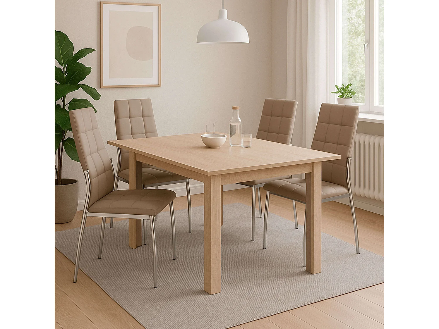 Conjunto mesa extensible 140-190 cm roble canadian + 4 sillas capuccino