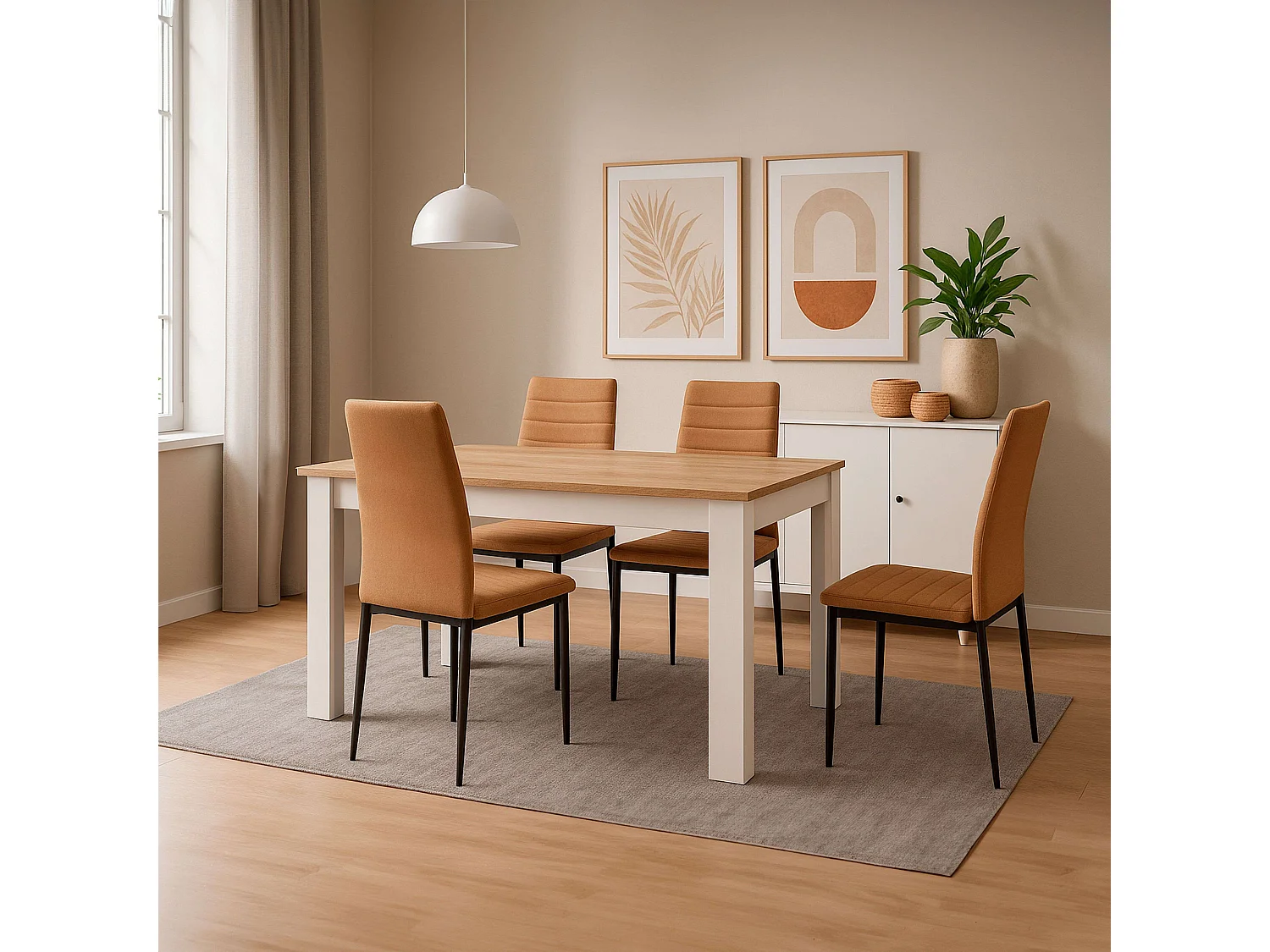 Pack comedor mesa extensible roble/blanco y 4 sillas marrón/patas negras