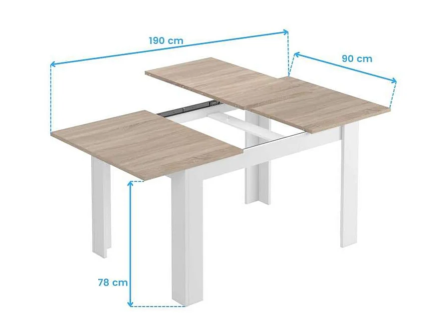 Pack comedor mesa extensible roble/blanco y 4 sillas marrón/patas negras