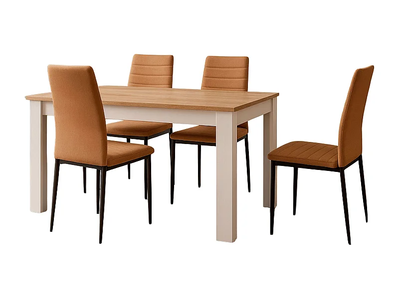 Pack comedor mesa extensible roble/blanco y 4 sillas marrón/patas negras