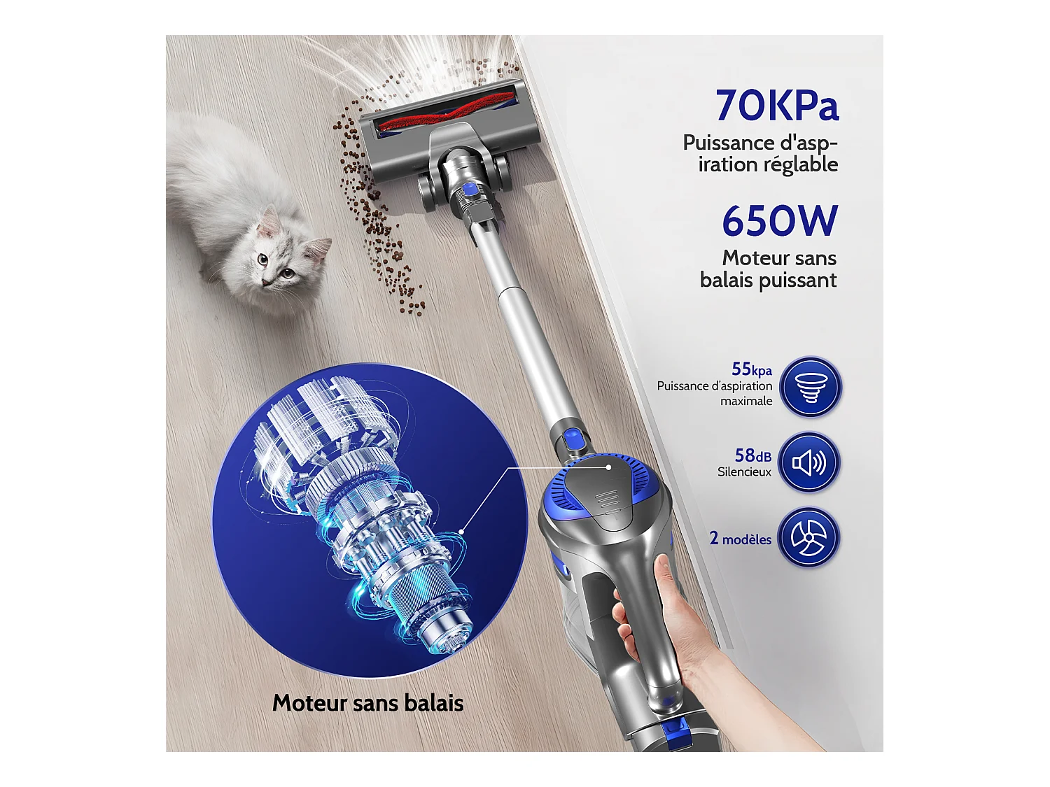 Hiazurm Aspirateur Balai Sans Fil – 45000 Pa de Puissance d’Aspiration – Batterie 2600 mAh – 520W – Autonomie 50 Minutes – Bac à Poussière 1,5 L