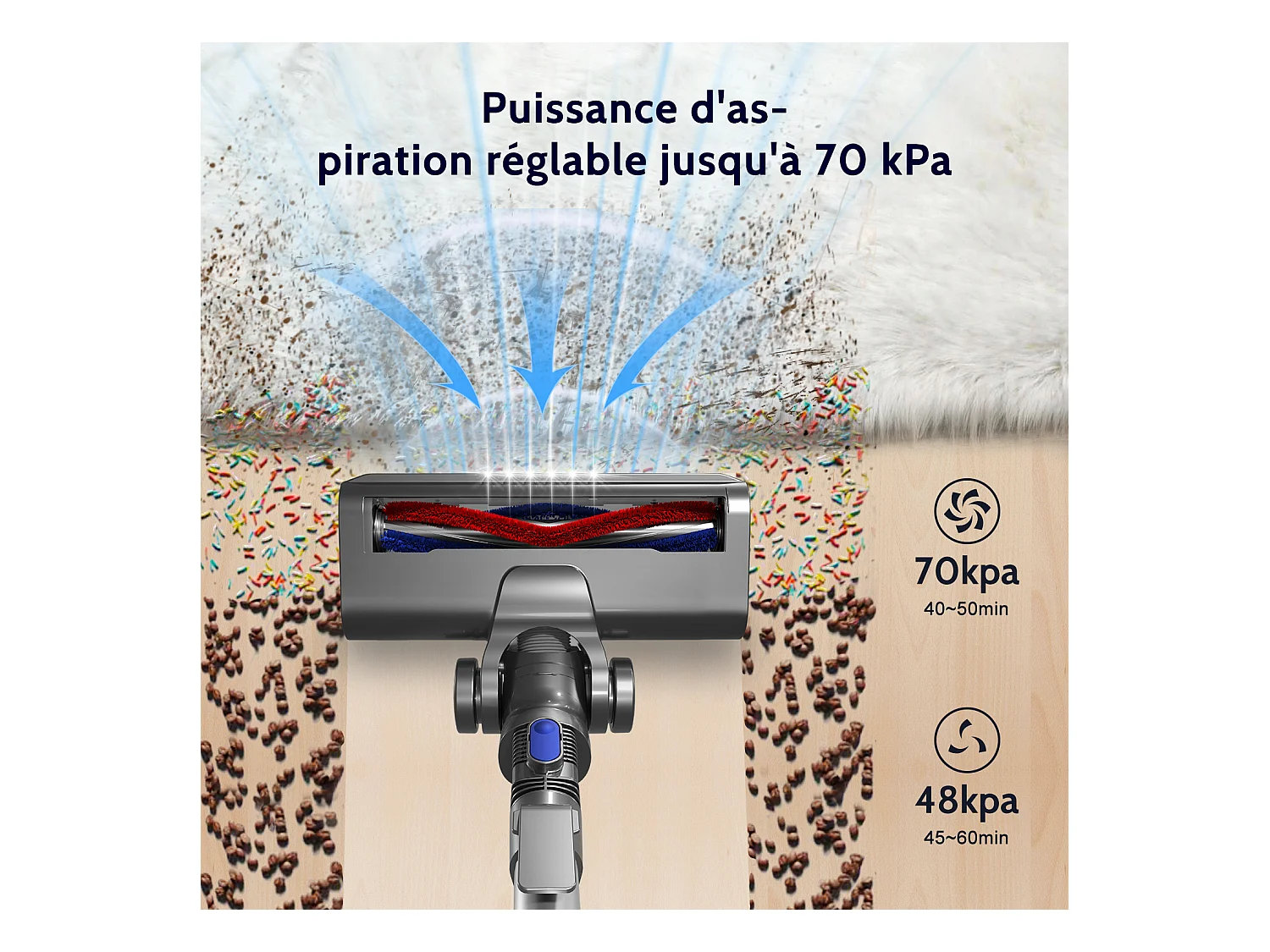 Hiazurm Aspirateur Balai Sans Fil – 45000 Pa de Puissance d’Aspiration – Batterie 2600 mAh – 520W – Autonomie 50 Minutes – Bac à Poussière 1,5 L