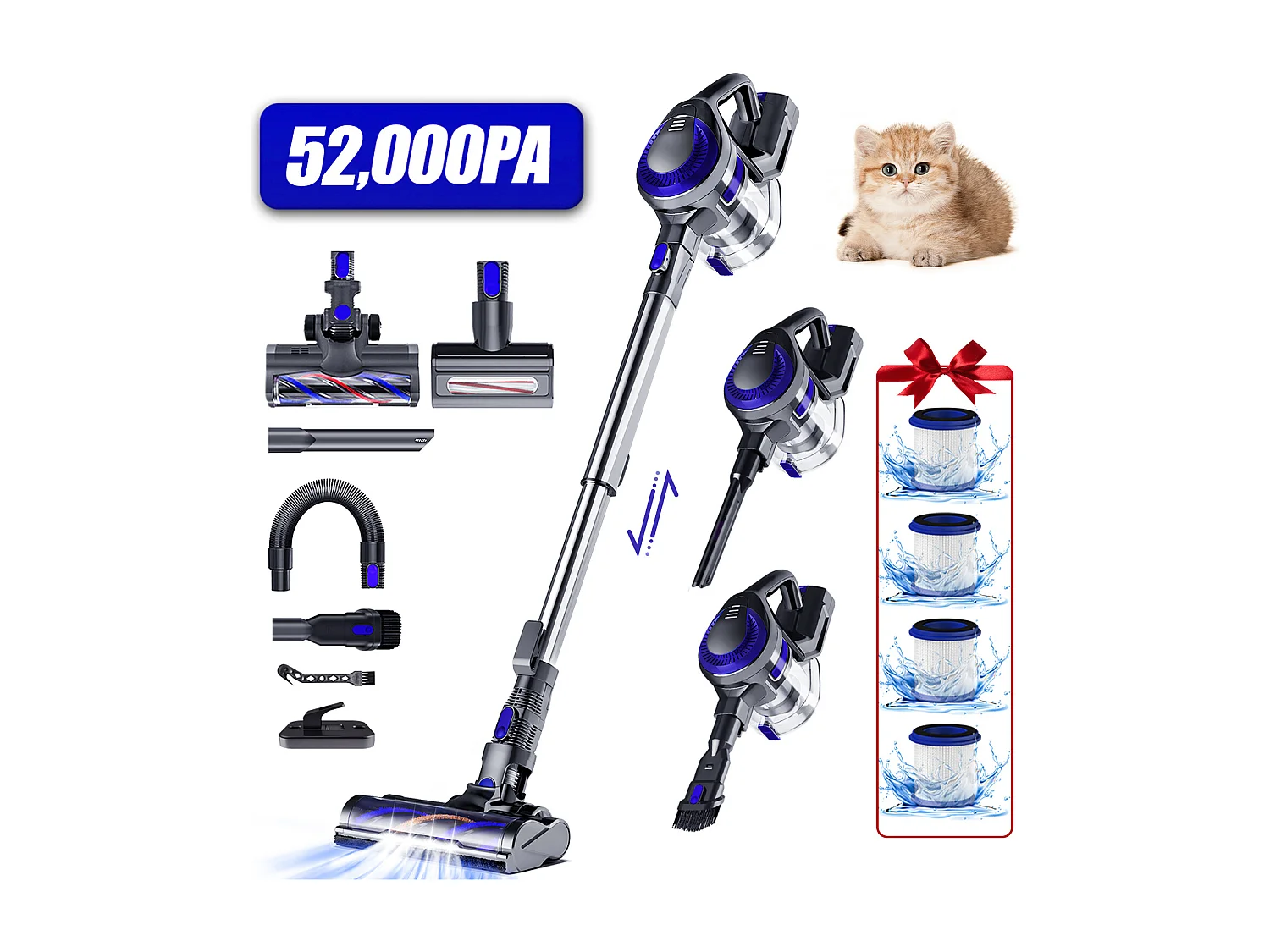 Hiazurm Aspirateur Balai Sans Fil – 52000 Pa de Puissance d’Aspiration – Batterie 2600 mAh – 530W – Autonomie 50 Minutes – Bac à Poussière 1,5 L