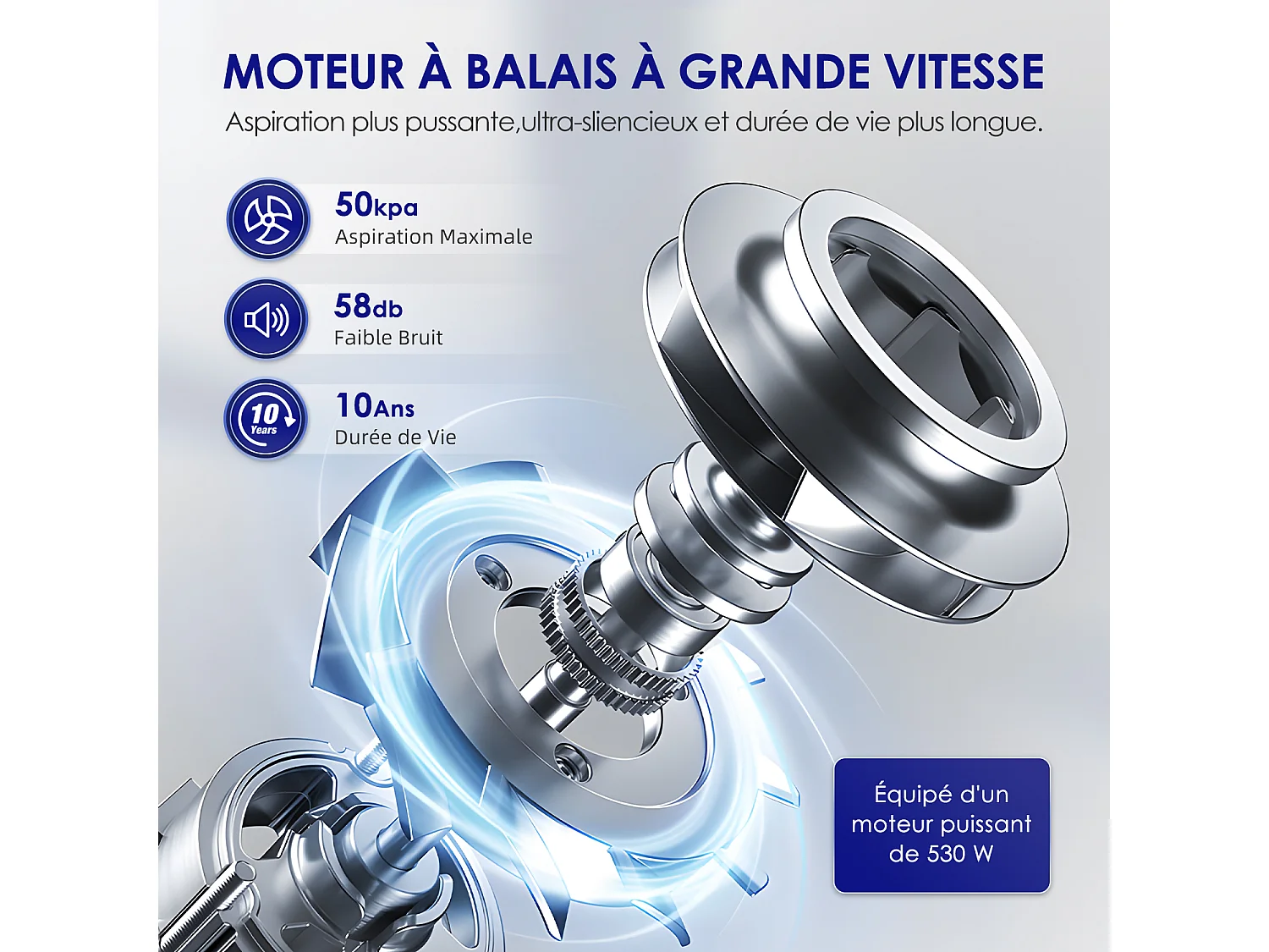 Hiazurm Aspirateur Balai Sans Fil – 52000 Pa de Puissance d’Aspiration – Batterie 2600 mAh – 530W – Autonomie 50 Minutes – Bac à Poussière 1,5 L