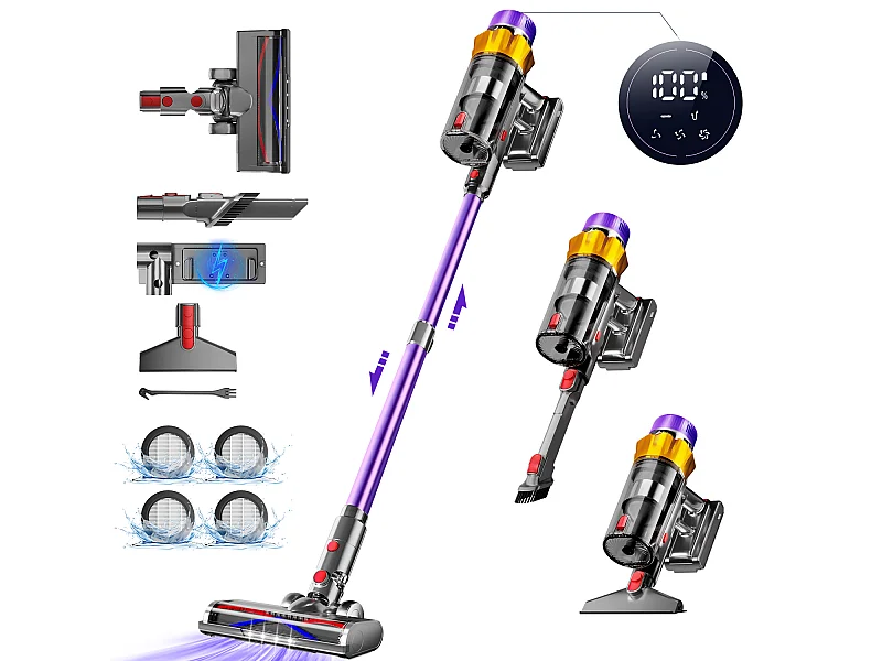 Hiazurm Aspirateur Sans Fil - 65000Pa Aspirateur - 3 Niveaux de Puissance d'Aspiration - Écran LED - 20-70 Min d'Autonomie - 1,8L - 550W - Violet