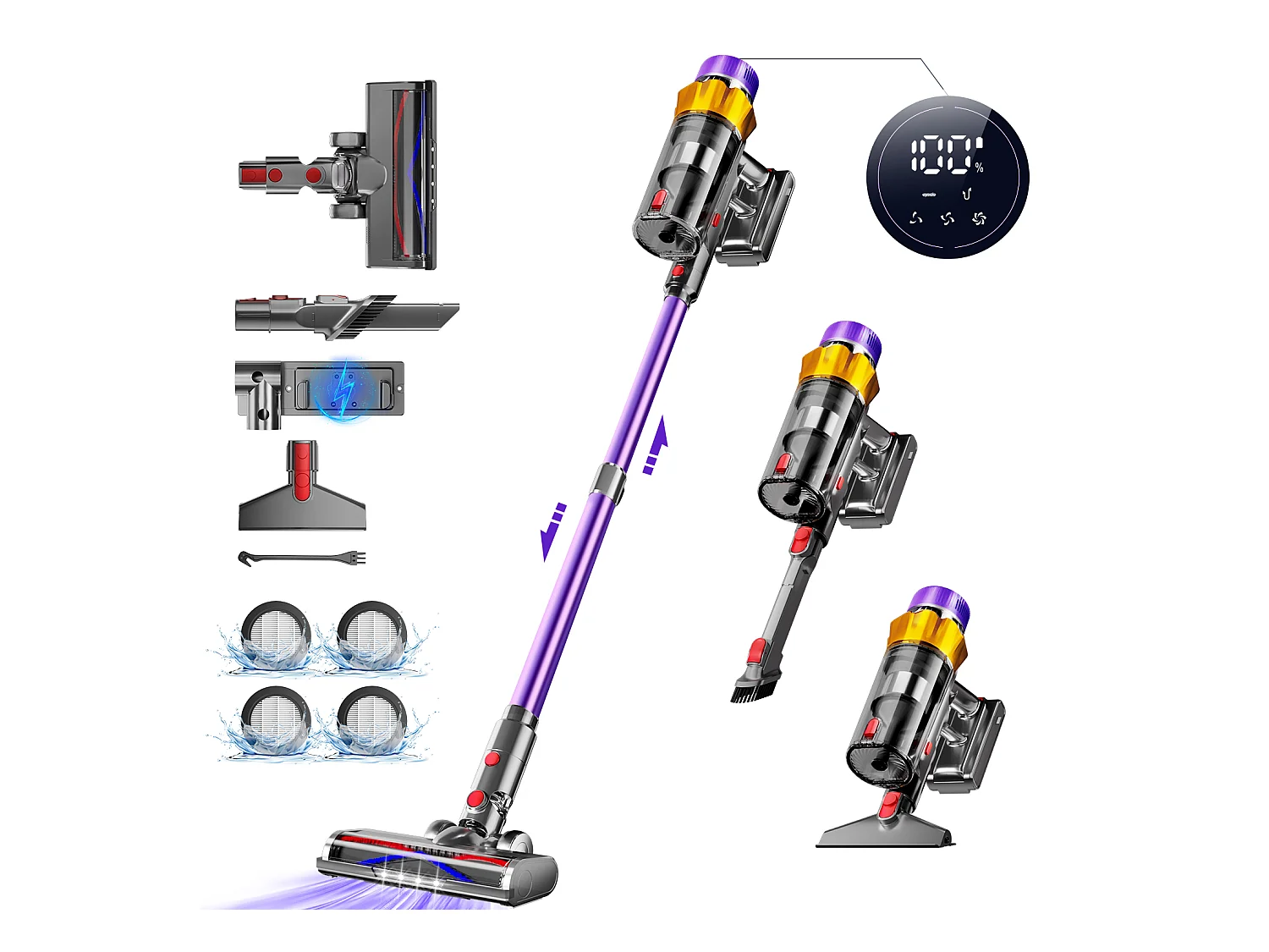 Hiazurm Aspirateur Sans Fil - 65000Pa Aspirateur - 3 Niveaux de Puissance d'Aspiration - Écran LED - 20-70 Min d'Autonomie - 1,8L - 550W - Violet