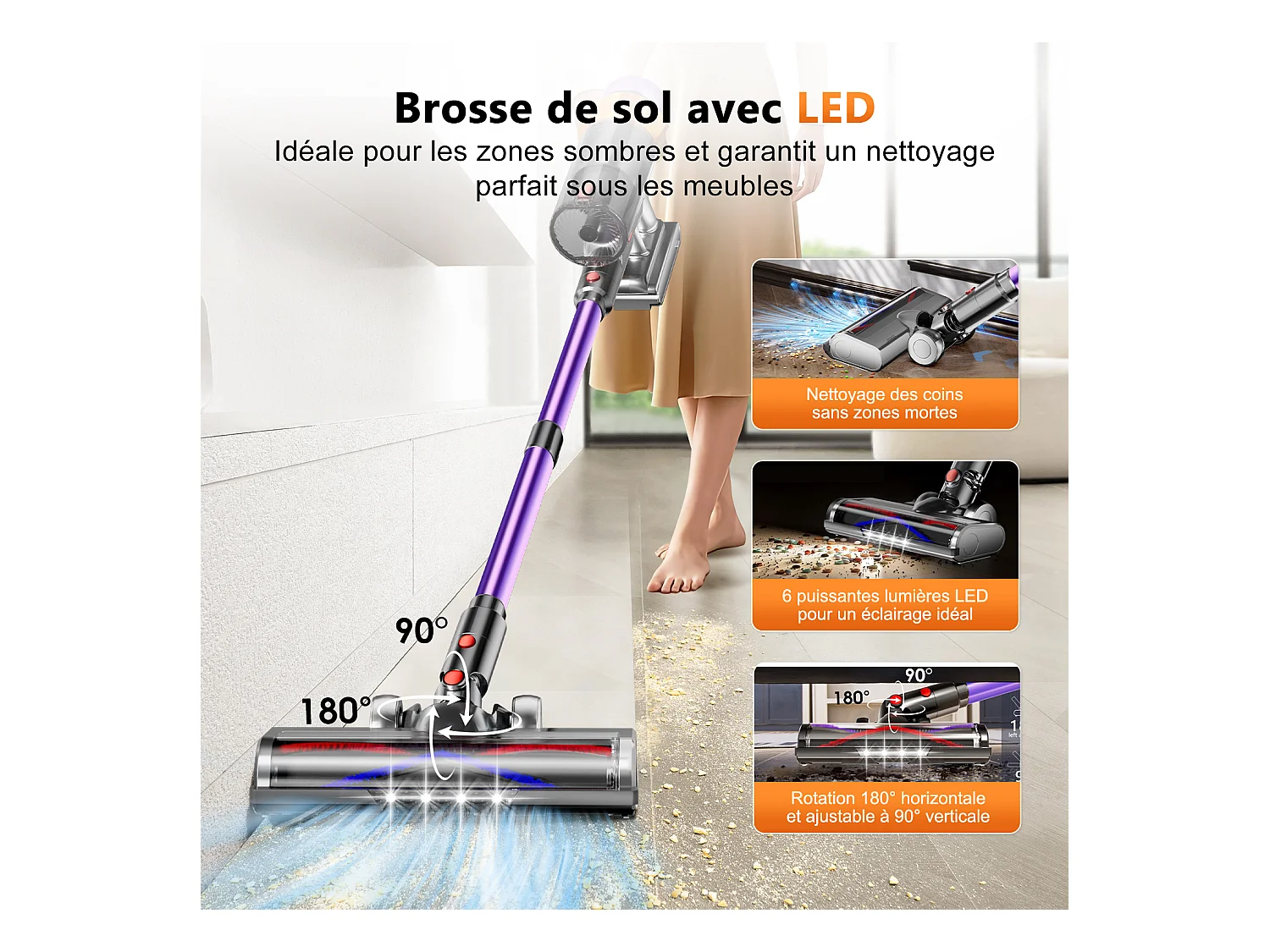 Hiazurm Aspirateur Sans Fil - 65000Pa Aspirateur - 3 Niveaux de Puissance d'Aspiration - Écran LED - 20-70 Min d'Autonomie - 1,8L - 550W - Violet
