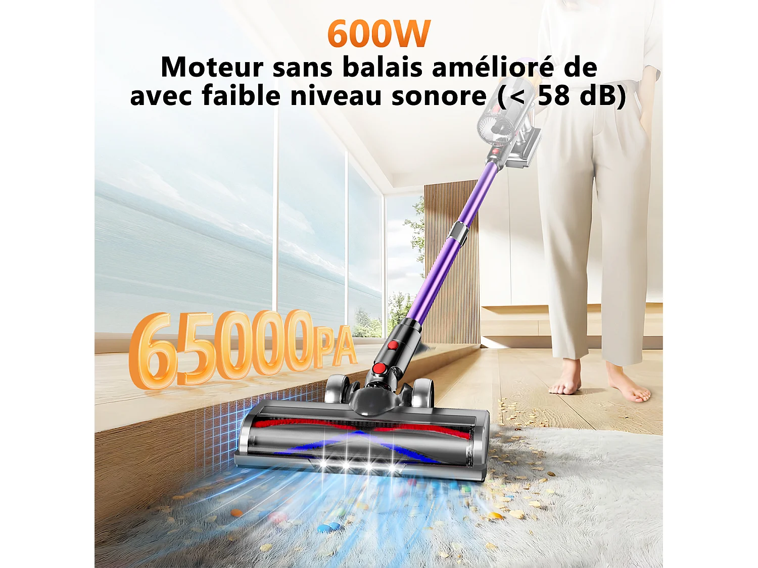Hiazurm Aspirateur Sans Fil - 65000Pa Aspirateur - 3 Niveaux de Puissance d'Aspiration - Écran LED - 20-70 Min d'Autonomie - 1,8L - 600W - Violet