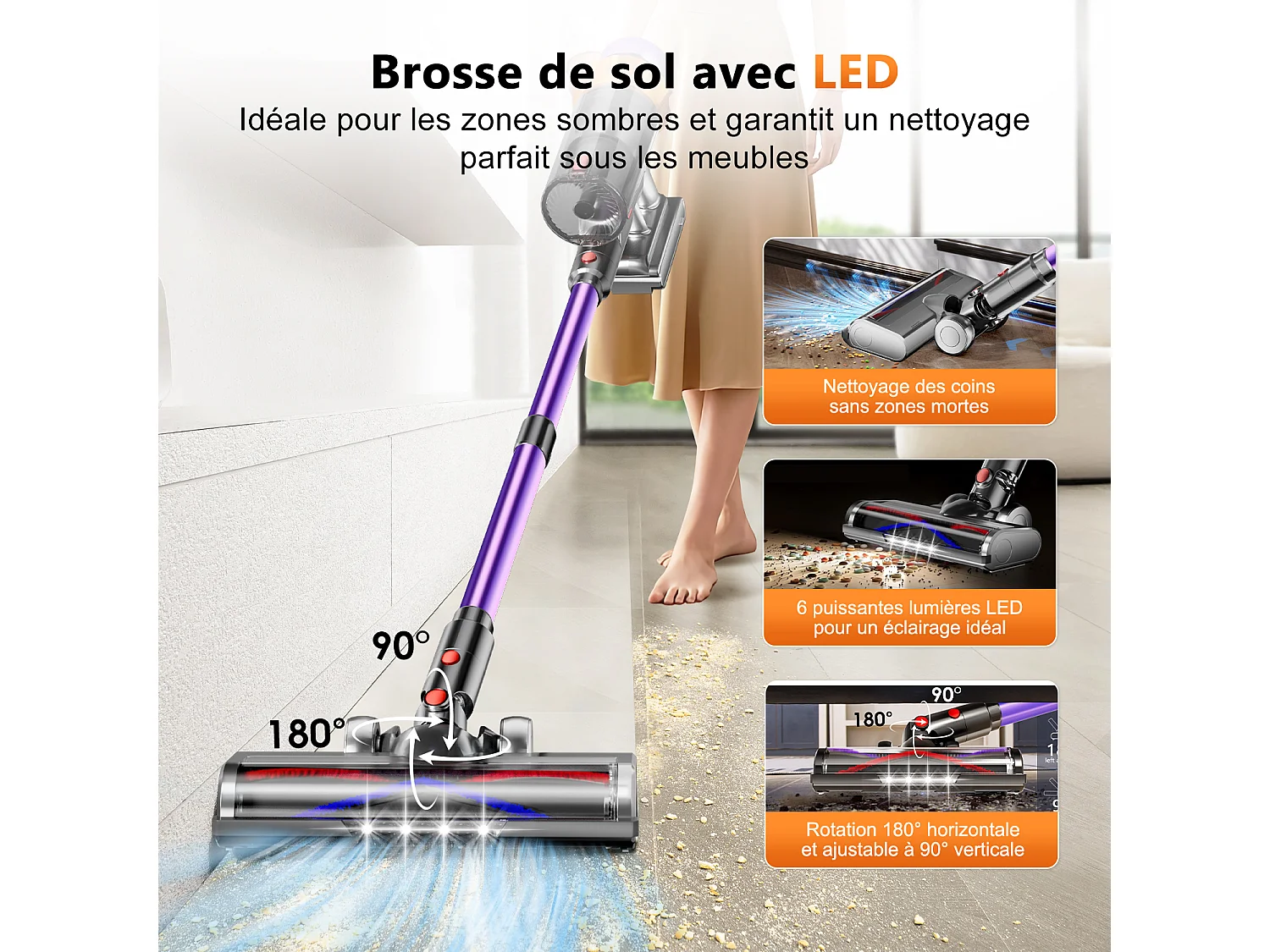 Hiazurm Aspirateur Sans Fil - 65000Pa Aspirateur - 3 Niveaux de Puissance d'Aspiration - Écran LED - 20-70 Min d'Autonomie - 1,8L - 600W - Violet