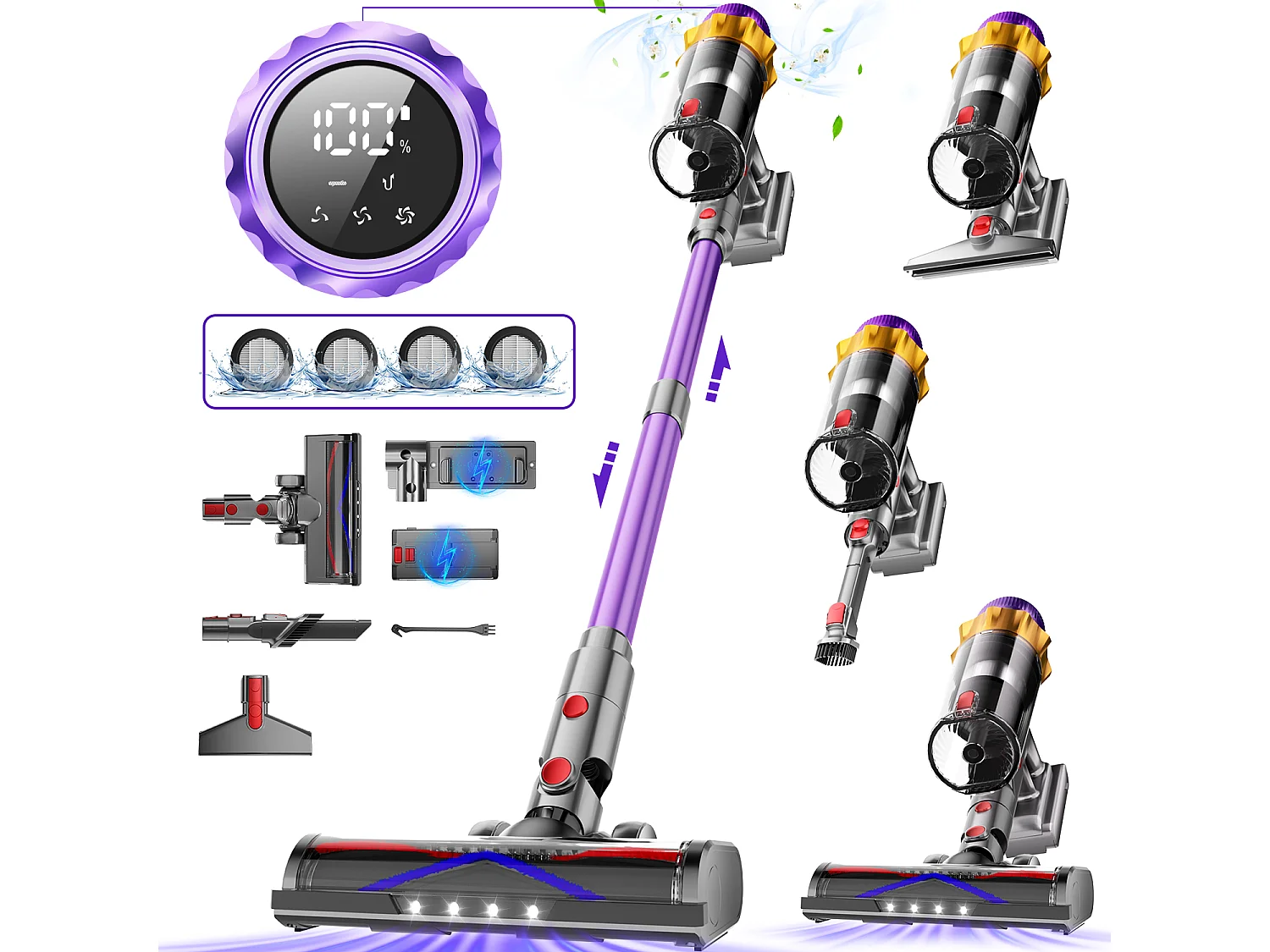 Hiazurm Aspirateur Sans Fil - 65000Pa Aspirateur - 3 Niveaux de Puissance d'Aspiration - Écran LED - 20-70 Min d'Autonomie - 1,8L - 600W - Violet