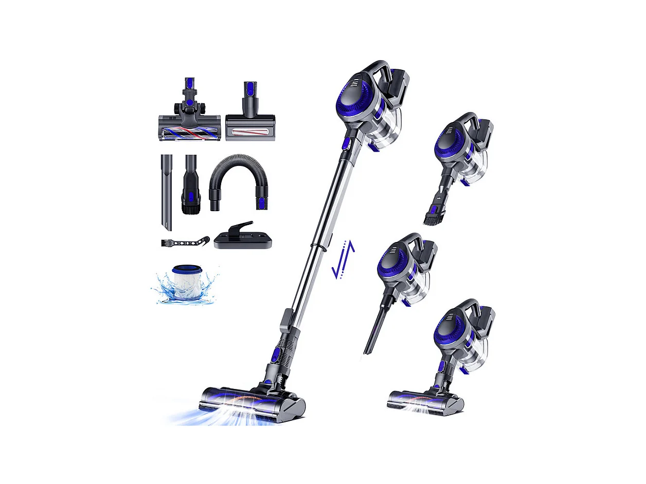 Hiazurm Aspirateur Balai - 55 000 Pa - Aspirateur Sans Fil avec Batterie 2 500 mAh - 50 Minutes d'Autonomie - Bac à Poussière 1,6 L - Pour Tapis et Sols Durs