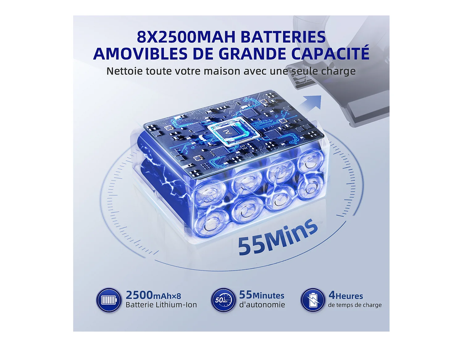 Hiazurm Aspirateur Balai - 55 000 Pa - Aspirateur Sans Fil avec Batterie 2 500 mAh - 50 Minutes d'Autonomie - Bac à Poussière 1,6 L - Pour Tapis et Sols Durs