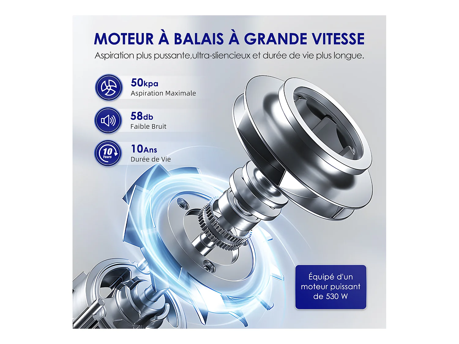 Hiazurm Aspirateur Balai - 55 000 Pa - Aspirateur Sans Fil avec Batterie 2 500 mAh - 50 Minutes d'Autonomie - Bac à Poussière 1,6 L - Pour Tapis et Sols Durs