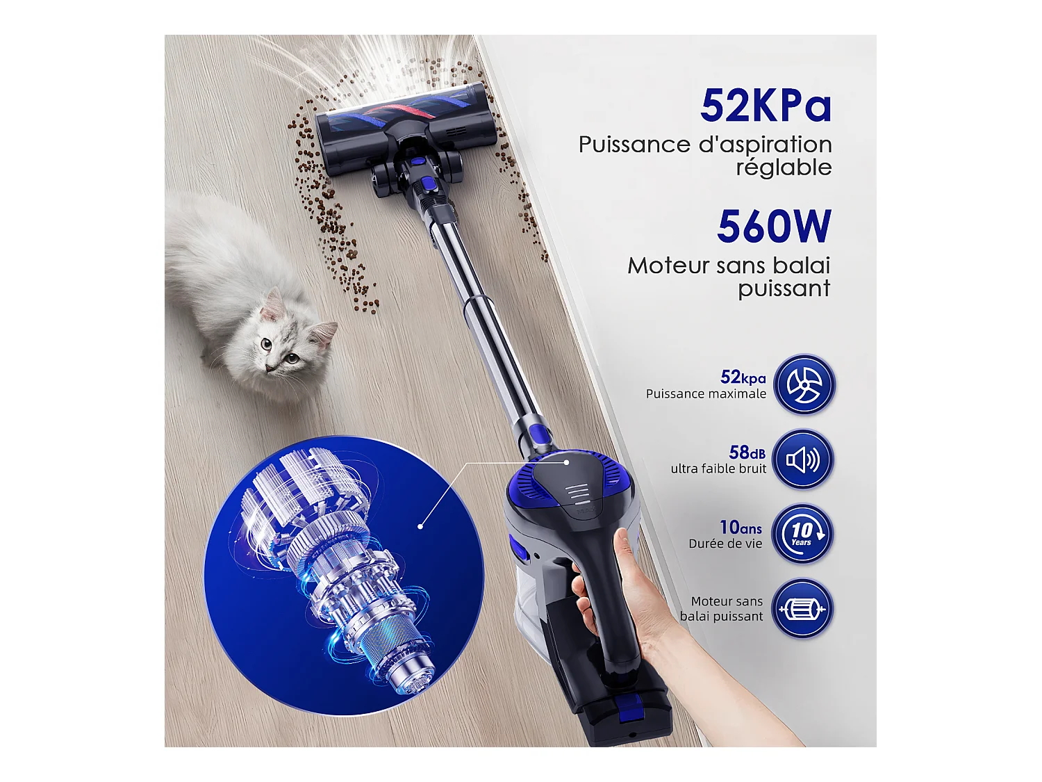 Hiazurm Aspirateur Balai - 55 000 Pa - Aspirateur Sans Fil avec Batterie 2 500 mAh - 50 Minutes d'Autonomie - Bac à Poussière 1,6 L - Pour Tapis et Sols Durs