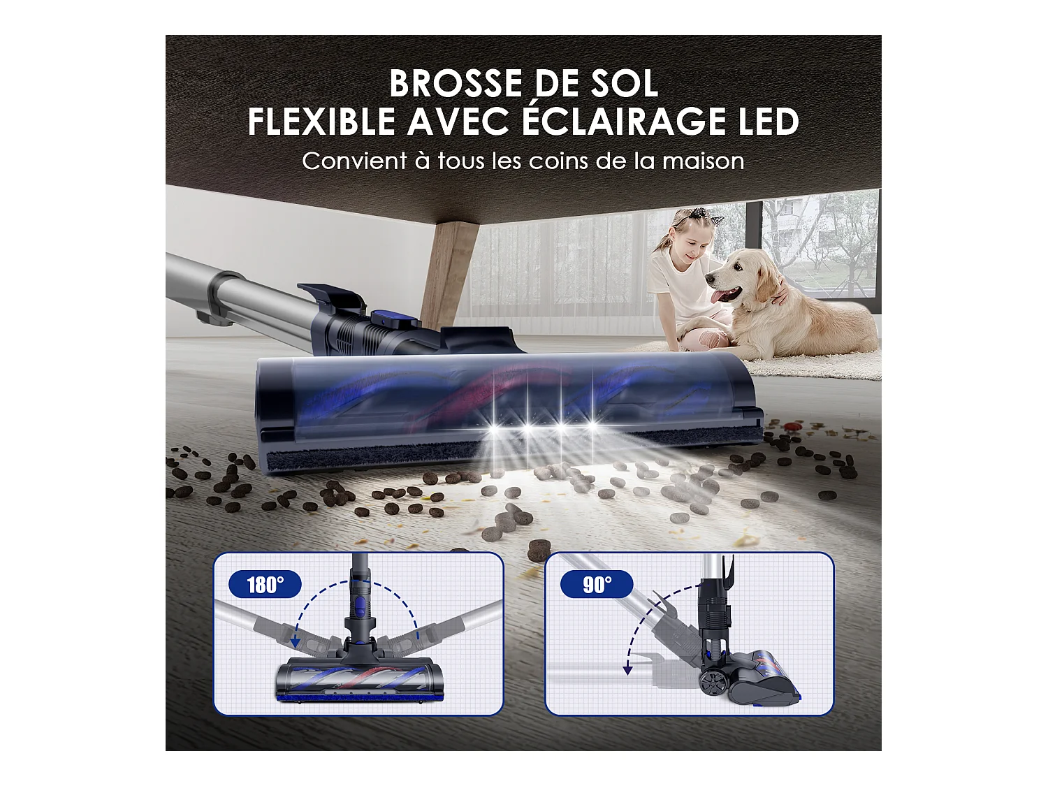 Hiazurm Aspirateur Balai - 55 000 Pa - Aspirateur Sans Fil avec Batterie 2 500 mAh - 50 Minutes d'Autonomie - Bac à Poussière 1,6 L - Pour Tapis et Sols Durs