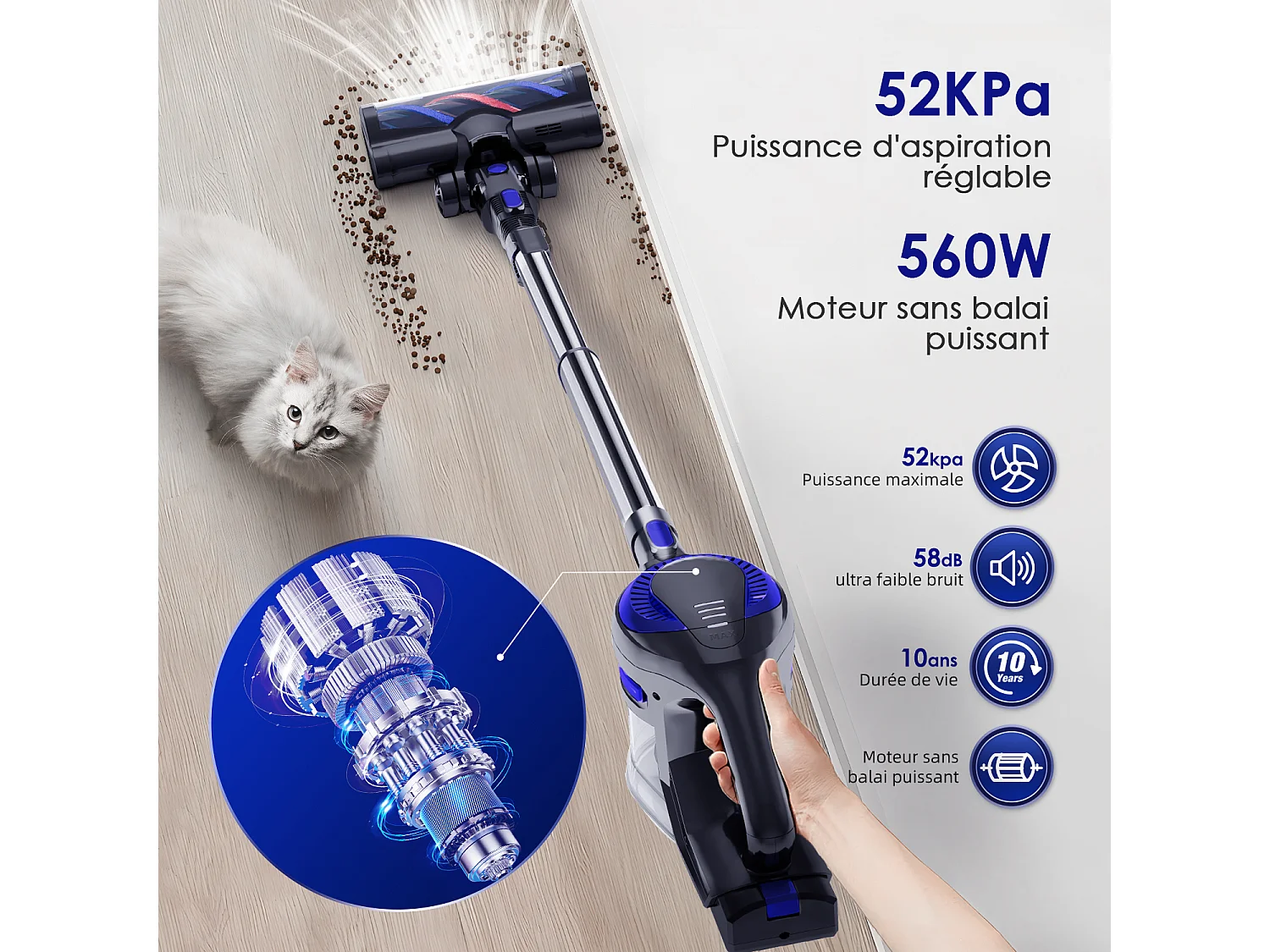 Hiazurm Aspirateur Balai - 52 000 Pa - Aspirateur Sans Fil avec Batterie 2 500 mAh - 50 Minutes d'Autonomie - Bac à Poussière 1,6 L - Pour Tapis et Sols Durs