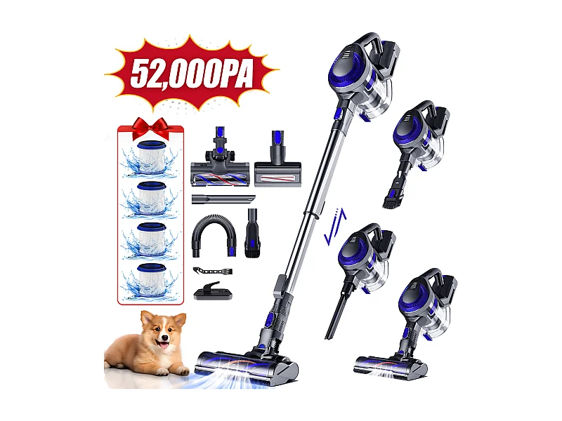 Hiazurm Aspirateur Balai - 52 000 Pa - Aspirateur Sans Fil avec Batterie 2 500 mAh - 50 Minutes d'Autonomie - Bac à Poussière 1,6 L - Pour Tapis et Sols Durs