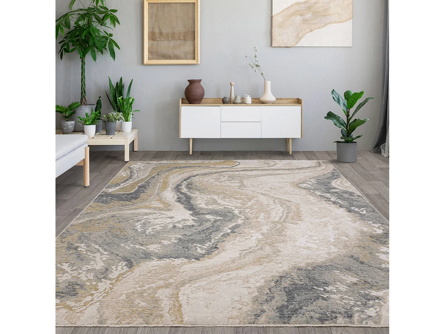 Tapis Abstrait - 120x180cm - gris, crème, doré - Seville Oro