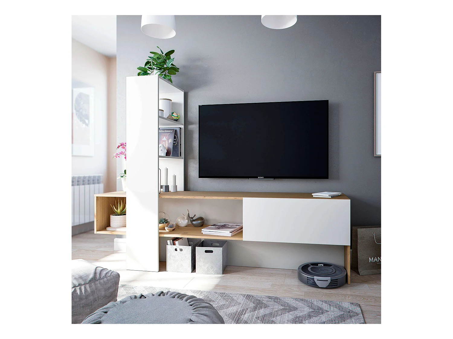 Mueble TV LISS - Melamina blanco y roble - 1 puerta abatible + 1 estante - 178 x 43 x 136 cm