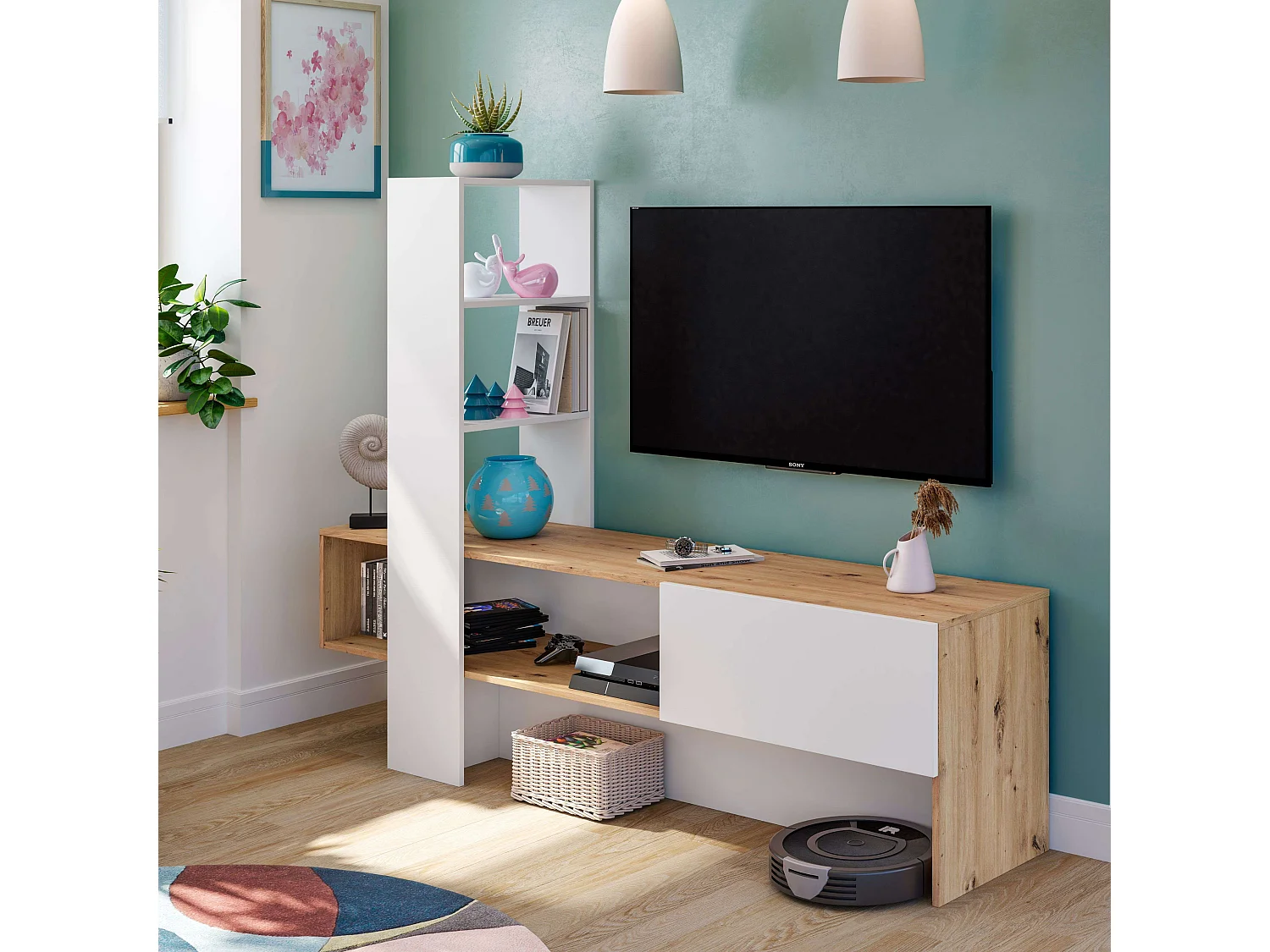 Mueble TV LISS - Melamina blanco y roble - 1 puerta abatible + 1 estante - 178 x 43 x 136 cm