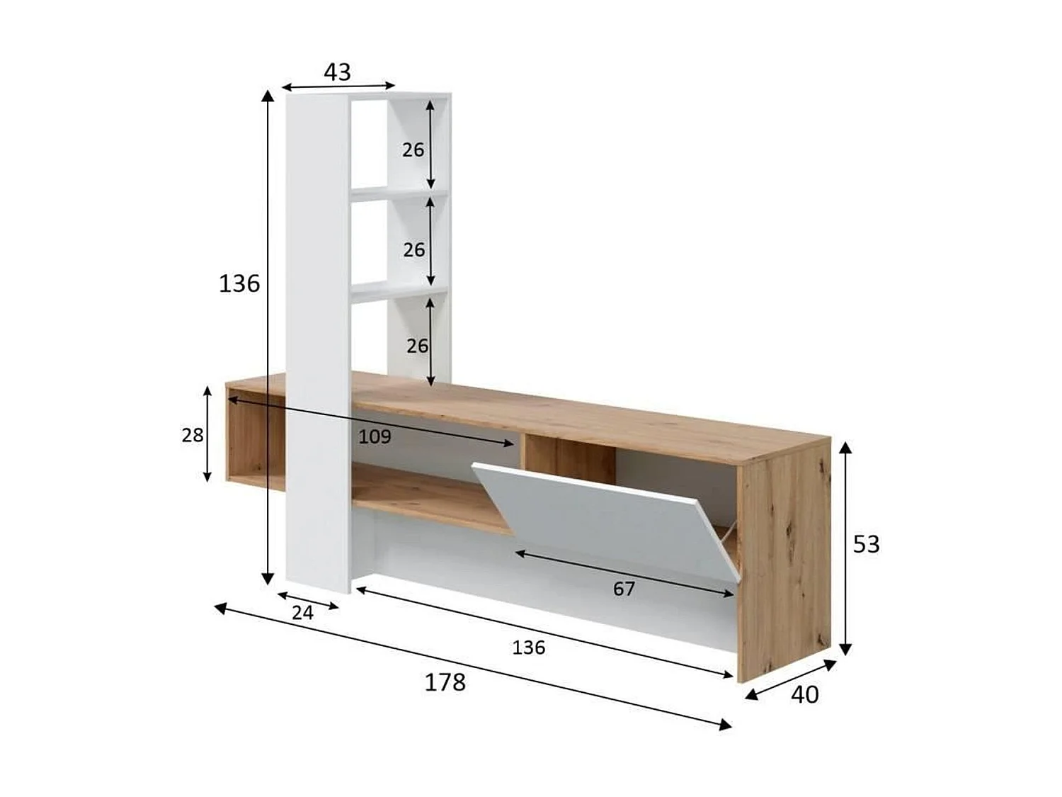 Mueble TV LISS - Melamina blanco y roble - 1 puerta abatible + 1 estante - 178 x 43 x 136 cm