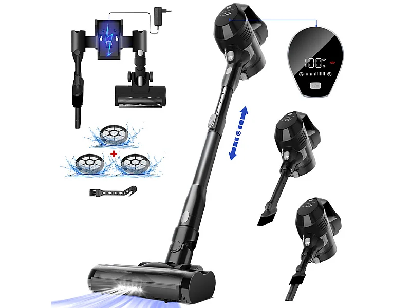 Hiazurm Aspirateur Balai - 480W Aspirateur Sans Fil - 40000Pa - Batterie 2200 mAh - 50 Minutes d'Autonomie - Bac à Poussière 1,5L